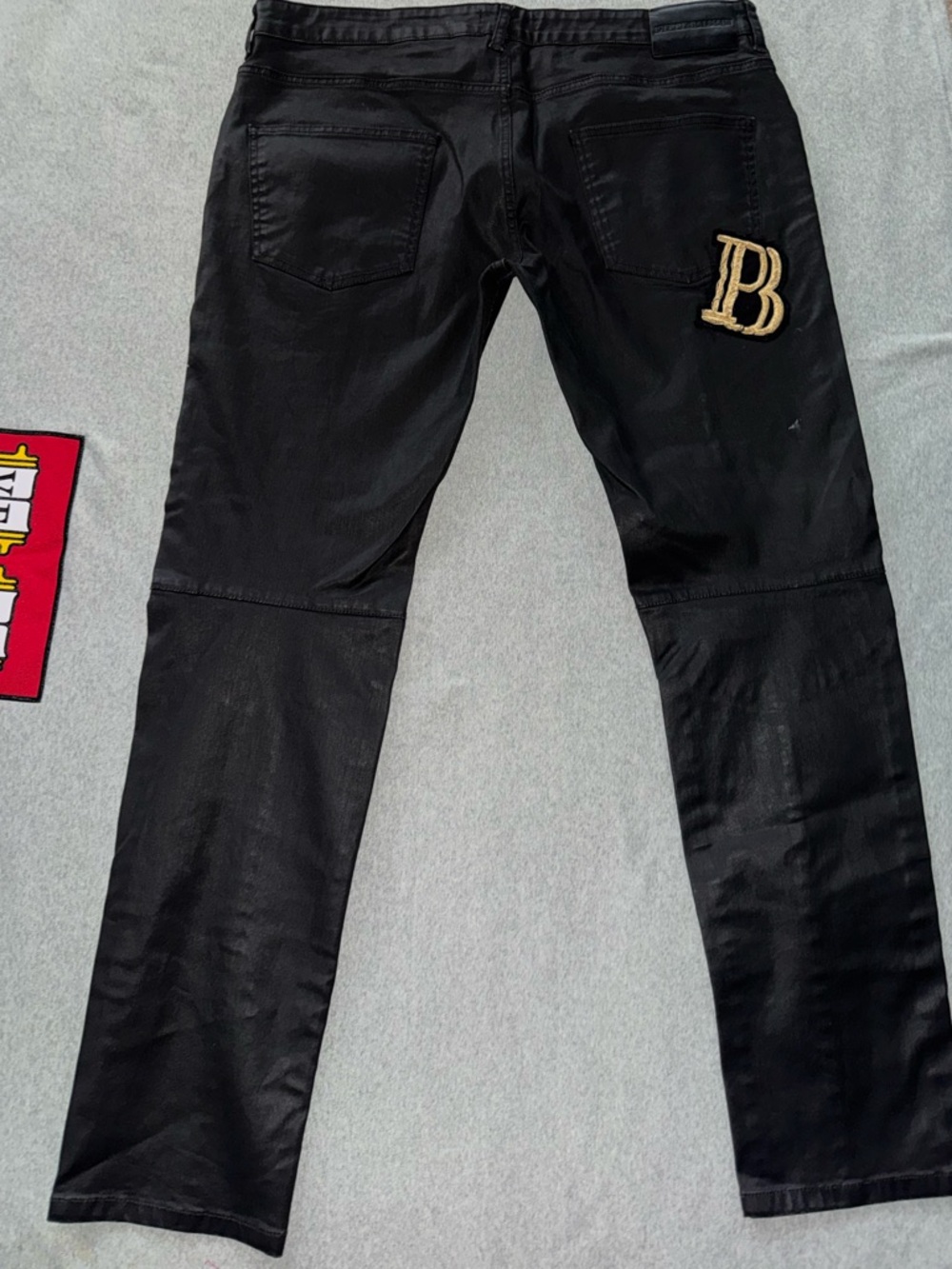 Pierre Balmain Men’s Coated Biker Jean Black Denim Dark Wash Embroidered Sz 40